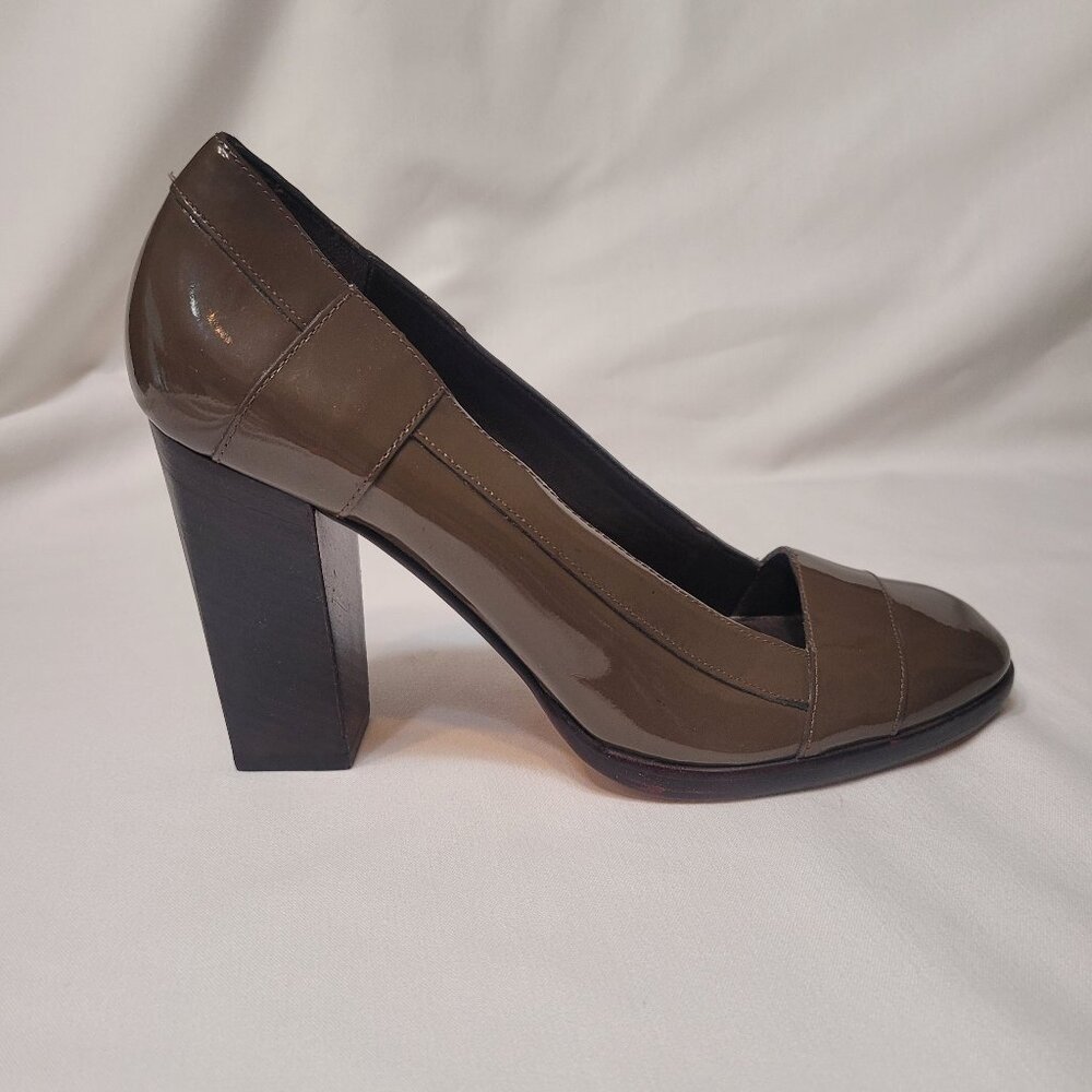 Cole Haan Taupe Brown Patent Leather Chunky Heels Pumps Women Size 9.5B